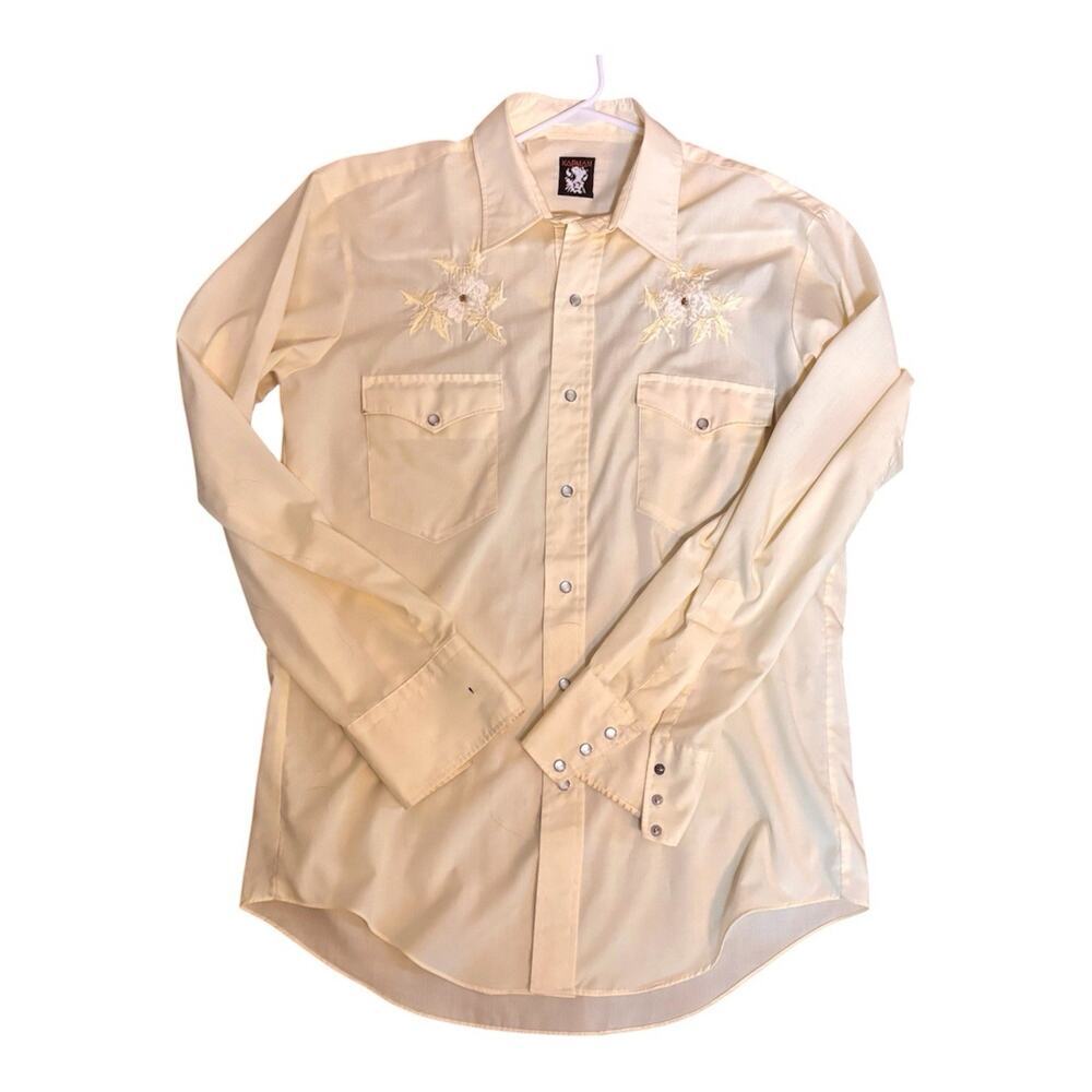 VTG Karman Men’s Yellow Pearl Snap Long Western Embroidered Shirt Sz S/M - Picture 10 of 10